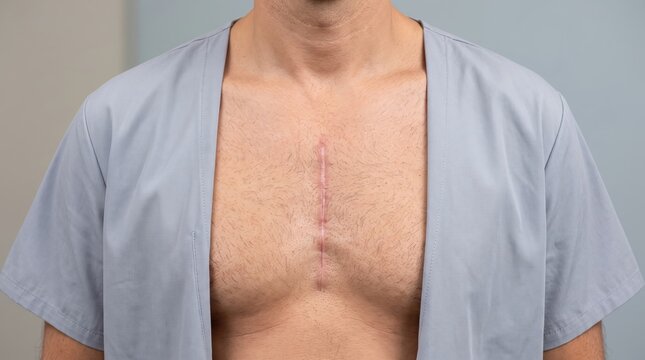 Male patient showing healed surgical incision scar on his chest