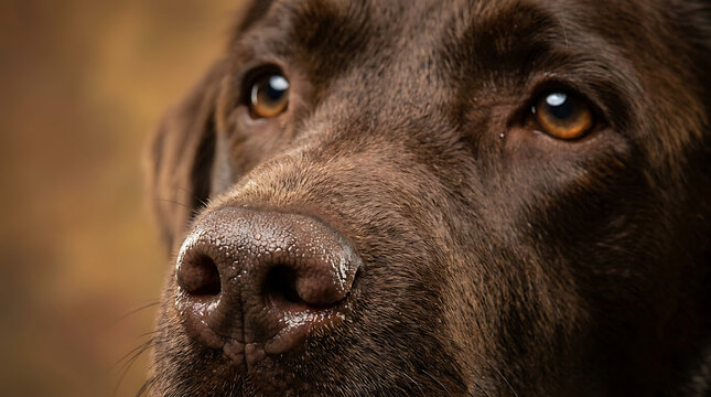 Close-up portrait of a beautiful brown Labrador Retriever dog with a gentle gaze and soulful eyes, showcasing its wet nose and soft fur