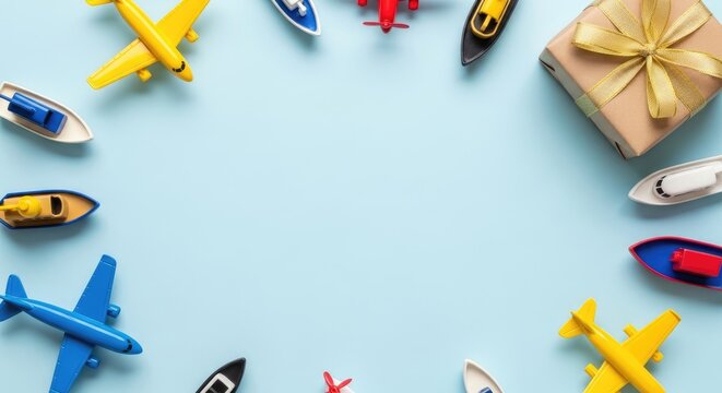 View of miniature toy airplanes and boats arranged in a circular frame around a gift box with a gold ribbon on a light blue background