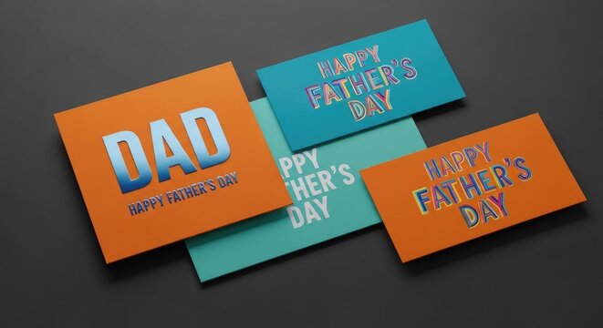 Three father's day greeting cards in orange and teal colors with happy father's day text, arranged on a dark gray surface for a festive display
