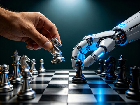 Conceptual image of a futuristic robotic hand with glowing blue lights playing chess against a human hand holding a silver knight on a metallic chessboard.