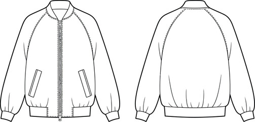 Men's Bomber Jacket Front and Back Technical Fashion Flat Vector Illustration with Zip Closure Template © RUMANA