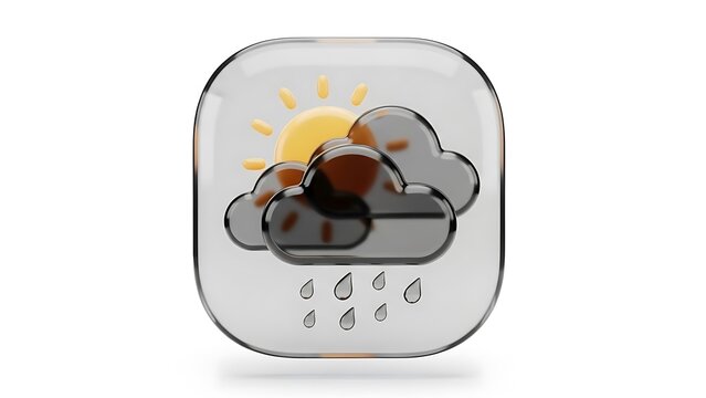 Minimalist weather icon featuring a sun partially hidden behind dark rain clouds on a rounded square background forecast meteorology interface symbolic environment symbolism