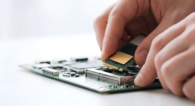 Hands Carefully Installing M.2 NVMe SSD Storage Drive into Laptop Motherboard