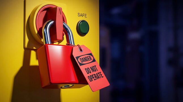 Lockout tagout padlock securing red switch with danger tag on yellow electrical panel in factory, industrial safety concept