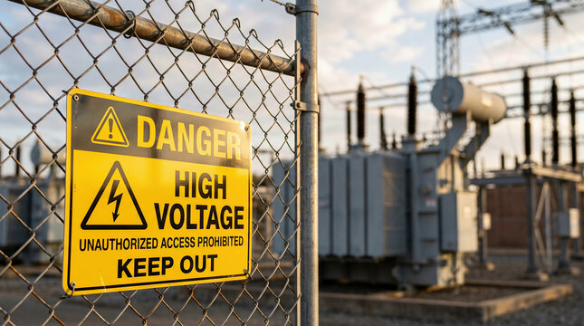 High voltage danger sign attached to chain link fence at outdoor electrical substation, industrial safety and power grid security concept
