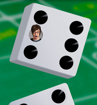Hooked on gambling. A woman withh has a wide-eyed, surprised face seen inside one of the black pips of a white casino die rolling across a green craps table. This is a 3-d illustration.