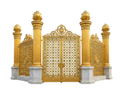 Elaborate gold ornamental gate with tall pillars ornamental entrance architectural isolated