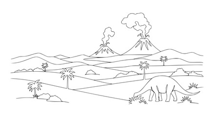 Dinosaur landscape with volcanoes, prehistoric scene, line art © Ellaut