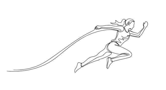 Continuous line drawing of a female athlete running, dynamic motion, athletic figure