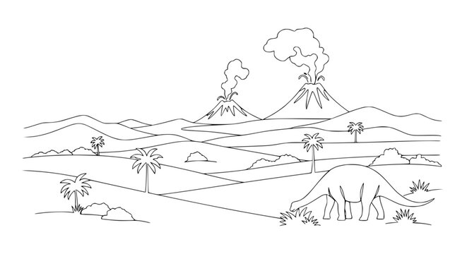 Dinosaur landscape with volcanoes, prehistoric scene, line art