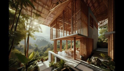 Fototapeta premium A modern hillside residence in the Philippines featuring composite bamboo walls designed to withstand earthquakes, Ai generated image
