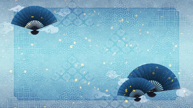 扇子と雲のイラスト　金色の紙吹雪が降るアニメーション　和風の模様の背景【青系の配色】　