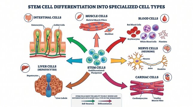 Stem cell differentiation into specialized human cell types with differentiation