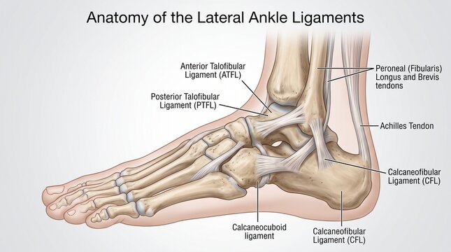 Anatomical diagram of the lateral ankle ligaments and structure with ligaments