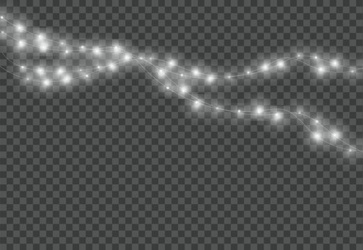 Realistic Christmas Garland Lights PNG Transparent Warm White Hanging Light Overlay.
