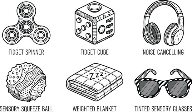 Sensory calming tools and neurodiversity soothing objects icon collection featuring hand drawn linear sketch style neurodivergent stress relief items
