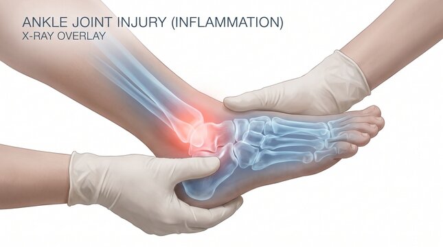 Medical illustration of ankle joint injury showing inflammation and x-ray