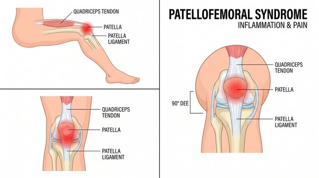 Medical illustration explaining patellofemoral syndrome and knee pain mechanism