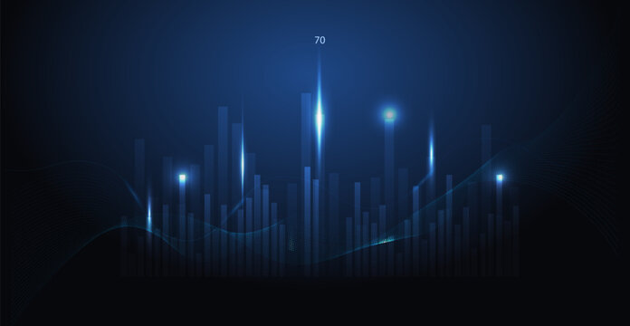 A futuristic financial market candlestick chart shows an upward trend with glowing blue light on a dark background