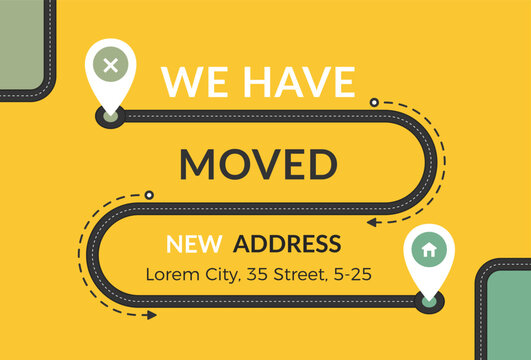 We have moved announcement banner template featuring a winding asphalt road path and map pin pointers for old and new locations
