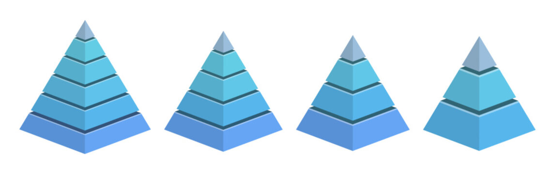 Four 3D isometric pyramid infographic templates featuring different numbers of horizontal layers ranging from three to six levels