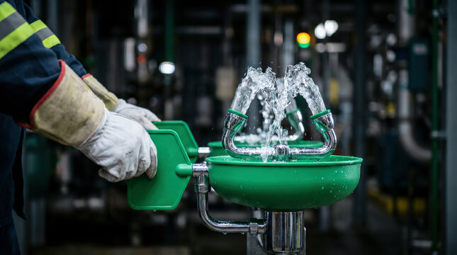 Emergency eyewash station spraying clean water activated by industrial worker in factory setting, workplace safety and hazard prevention concept.