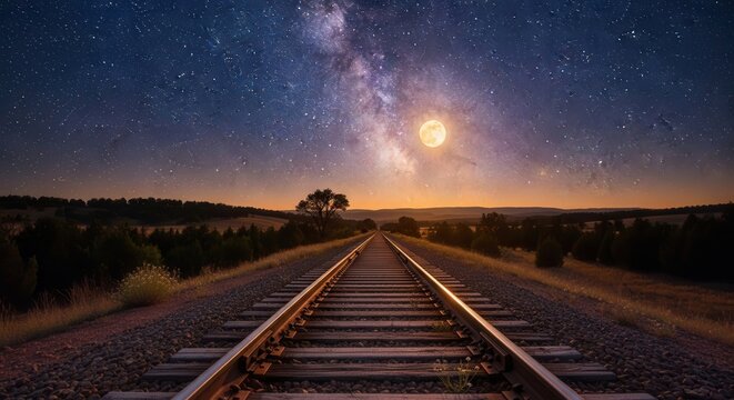 Stunning milky way galaxy rising over scenic train tracks at night.