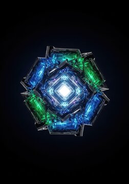 A complex futuristic quantum processor floating in a void, featuring glowing liquid metal circuits and shimmering multidimensional geometry, dreamlike, logic, matrix