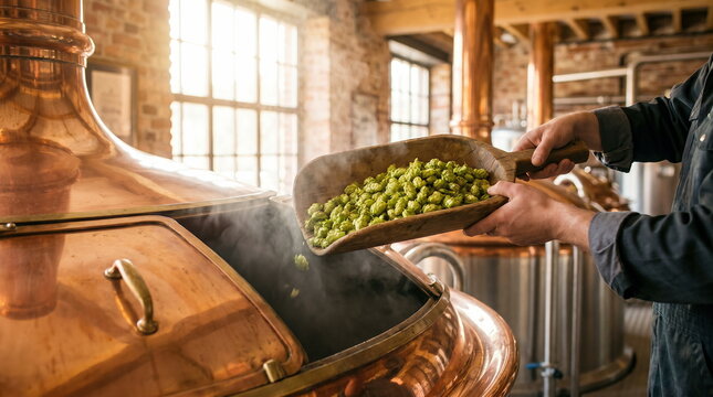 Green hops being added into copper kettle by brewer in rustic craft brewery with steam rising, craft beer brewing process concept