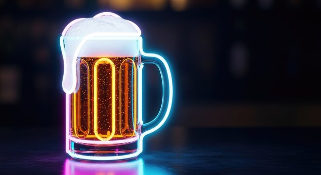 A hyper-realistic glowing neon beer mug filled with amber liquid and frothy white foam sits on a dark reflective bar surface at night, neon, artistic, dark