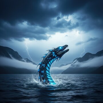 A legendary aquatic creature emerges from dark lake waters under a stormy sky while thick mist rolls over the distant rugged hill peaks, hills, prehistoric, fog