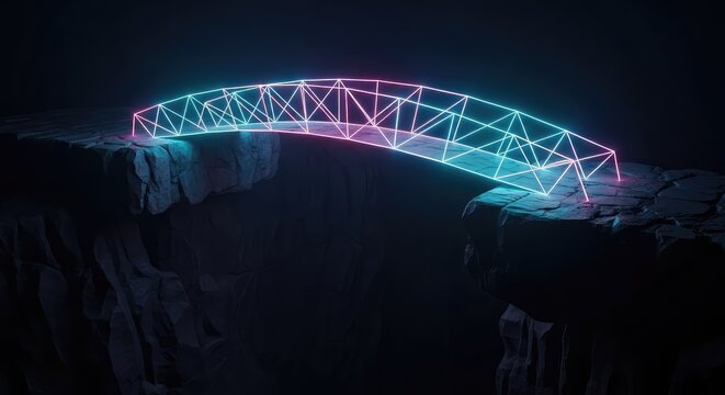 A luminous bridge constructed from glowing geometric lines spans a dark rocky chasm, connecting two abstract floating stone platforms, insight, solution, transition