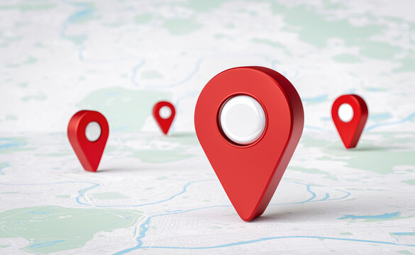 Red 3D location map pin pointers on map background. Concept of GPS navigation, travel destination, store locator, and logistics.