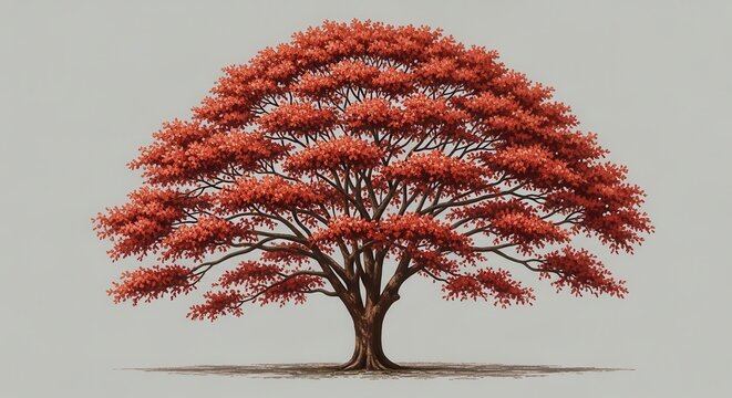 Stunning Red Flamboyant Tree Isolated on a Plain Gray Background.