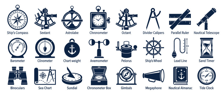 Nautical navigation tools and instruments set, navy blue icons