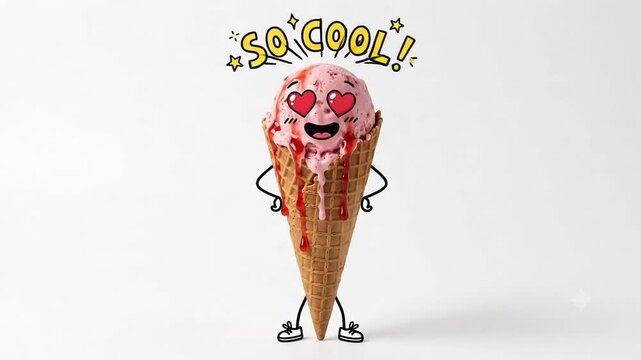 Happy dancing strawberry ice cream cone cartoon animation. Cute melting ice cream character with doodle face jumping happily and So Cool text, motion graphic isolated on white background