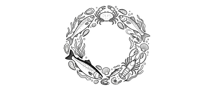 Hand-drawn seafood wreath with fish and shellfish