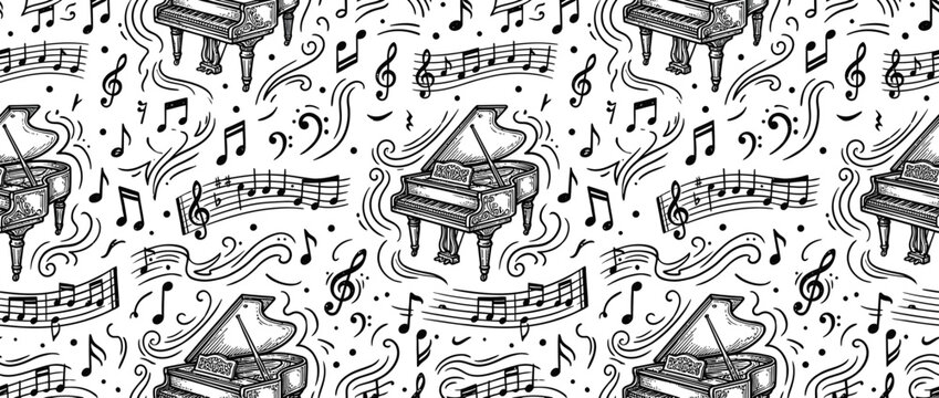 Hand-drawn Grand Piano and Musical Notes Seamless Pattern