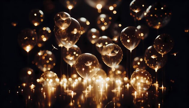 A vertical composition of transparent balloons with tiny LED lights floating in a dark space, Ai generated image