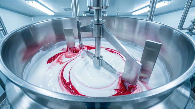 Industrial mixer blending white cosmetic cream with red swirled pigment inside stainless steel vat, cosmetic manufacturing process concept