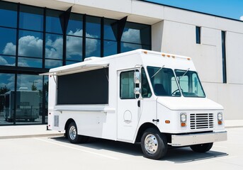 Fototapeta premium A sleek white food truck with a blank menu board stands parked in front of a minimalist modern building featuring large glass windows, service, commercial, day