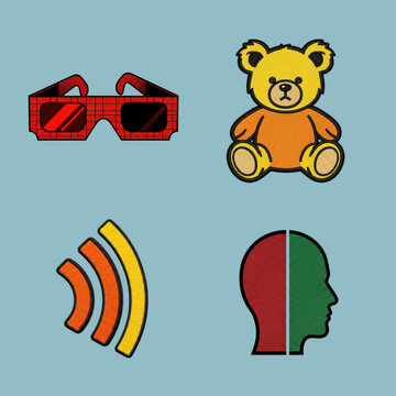 A collection of four diverse embroidered patches featuring a teddy bear, glasses, signals, and profile