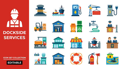 Port operations and maritime logistics flat icon collection © Pixel Studio