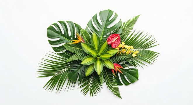 A vibrant cluster of lush green tropical plants and exotic jungle leaves isolated on a plain white background for easy design integration, frond, paradise, gardening