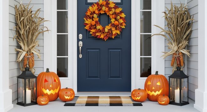 A welcoming front door decorated for autumn and Halloween featuring orange pumpkins, a festive wreath, dried corn stalks, and lanterns, cottage, front door, nature