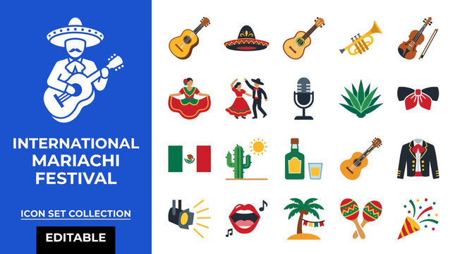 Mexican culture and mariachi festival icons with musical instruments