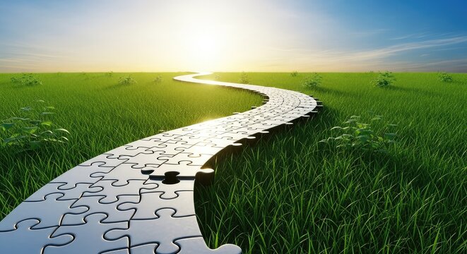 A winding path made of interlocking jigsaw puzzle pieces stretches across a lush green landscape toward a bright and glowing golden horizon, goal, meadow, concept