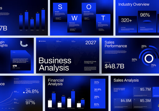 Modern Business Analysis Presentation Template Dark Blue Pitch Deck Layout