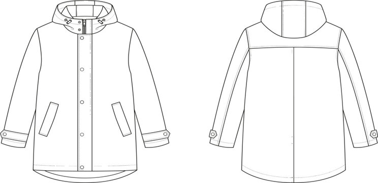 Fashion technical flat sketch of hooded raincoat parka jacket front and back view vector template